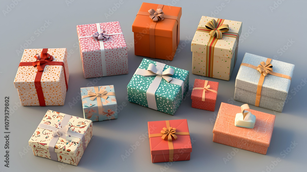 Assorted gift boxes with ribbons on a simple background. 4k image Stock ...