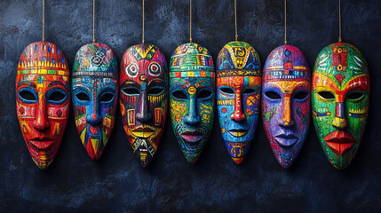 African mask wall art, colorful African tribal masks with patterns and symbols on a dark background, painted in bright colors, traditional designs and motifs on the face of an African wooden carved de