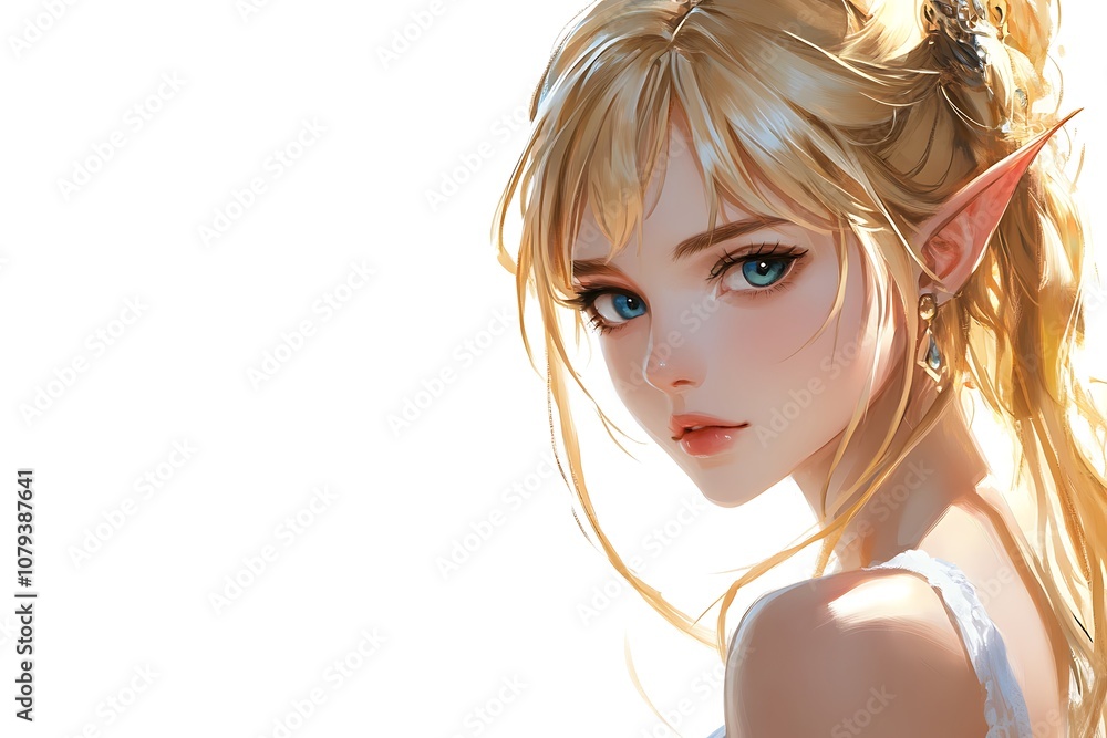 Anime style portrait of a beautiful elf woman with long blonde hair and ...