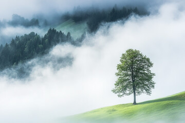 Canvas Print - A single tree in the fog as a symbol of loneliness and inner strength in the silence of nature.