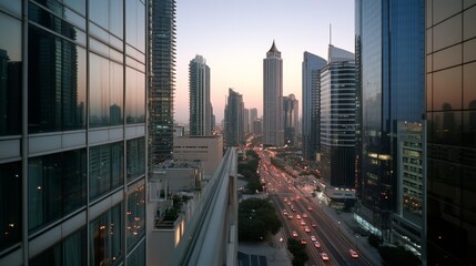 Wall Mural - Skyscrapers towering over a bustling city street, capturing the vibrant pulse of urban life at sunset.