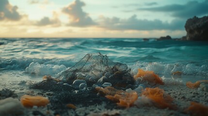 Wall Mural - A net lies tangled among seaweed on a beach shore, waves gently washing over as the sun sets in the distance, creating a scene of natural beauty and reflection.