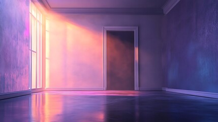 Wall Mural - abstract neon light in empty room, minimalist interior design with glow