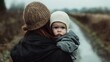 © VK Studio - A mother, back turned, holds her child on a misty path, wrapped warmly in knit hats, conveying warmth and protection amidst a serene, blurred landscape.