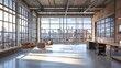 © MujahiD - Empty loft-style office with large glass windows showcasing the city skyline, perfect for a modern workspace.