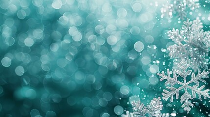 Wall Mural - Sparkling winter snowflakes with turquoise bokeh background for festive seasonal design