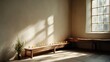 © VK Studio - Sunlight streams through tall windows into a simple room with candles on benches, creating an atmosphere of tranquility and solitude.