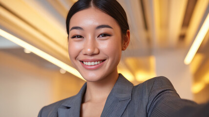 A young Asian woman smiles confidently in a stylish gray blazer, showcasing a modern office background with dynamic lighting.