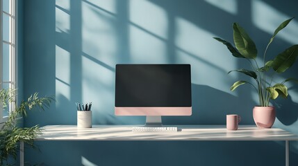 a computer monitor sitting on top of a desk next to a plant