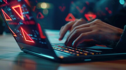Hands Typing on Laptop with Glowing Red Triangles on Screen