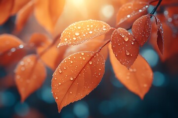 Wall Mural - Close up of dew drops on red autumn leaves with sunlight bokeh background. Fall, nature, season change concept.