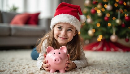 A joyful girl wearing a Santa hat lies on the carpet holding a pink piggy bank. A beautifully decorated Christmas tree adds festive charm to the cozy holiday setting.

