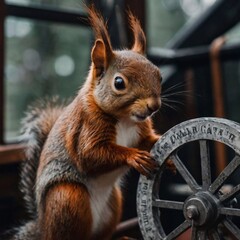 Wall Mural - Fluffy squirrel and a wheel in the park