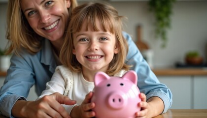 Wall Mural - A joyful mother and her daughter smiling while holding a pink piggy bank. The image conveys concepts of saving money and family happiness.

