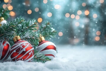 Wall Mural - three red and white ornaments rest on a snowy surface, evoking a festive winter holiday spirit.