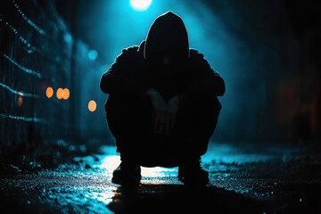  Impact of crime on society. A silhouette of a person crouching in a dark alley, illuminated by a blue light, creating a mysterious and moody atmosphere.