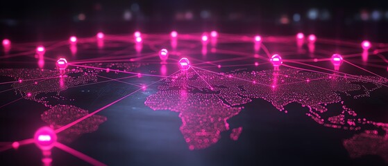 3D node system software with pink node buttons on dark tech background, world map contour, glowing light spots, advanced digital network connection concept