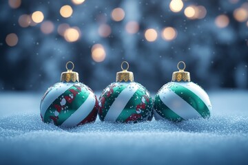 Wall Mural - Three colorful Christmas ornaments rest on a snowy surface, capturing the festive holiday spirit in a serene winter setting.