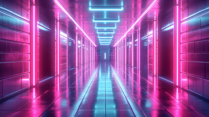 Wall Mural - neon-lit futuristic corridor, pink and blue glowing lights illuminate a reflective floor, creating a