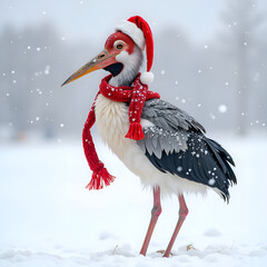 Wall Mural - A festive stork celebrating winter in a santa hat and red scarf amidst falling snow, photorealistic of animal portrait concept.