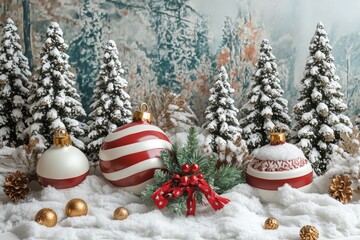 Wall Mural - festive christmas ornaments scattered on a snowy surface, surrounded by lush pine trees, evoking a w