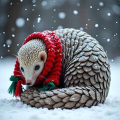 Wall Mural - A charming hedgehog wrapped in a cozy scarf amidst soft snow flakes, digital art of fantasy concept.