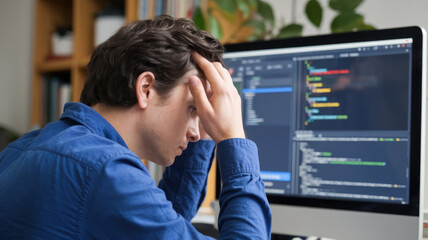 A man is sitting in front of a computer monitor, his head in his hands. He is frustrated or stressed while working on his computer