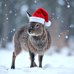 Wall Mural - A playful animal wearing a santa hat amidst falling snow in a winter wonderland, photography of animal portrait concept.