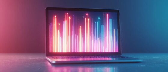 Canvas Print - 3D rendering of laptop with glowing arrows representing growth and market benefit, light blue background with mockup space for business increase concept