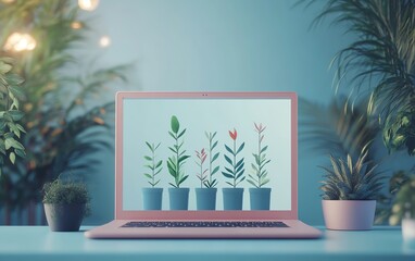 Canvas Print - Closeup of laptop with interest arrows growing on light blue background, mockup place, market growth and benefit increase concept, 3D business rendering