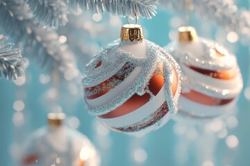 Wall Mural - two snow-dusted ornaments hang from a tree, creating a festive winter scene amid a serene, snowy lan