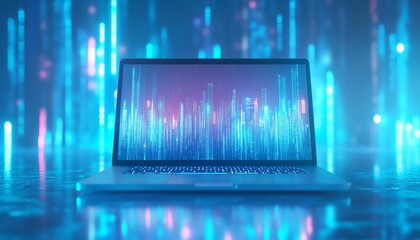 Canvas Print - Laptop closeup with growing glowing arrows representing market increase, light blue background with mockup area, 3D rendering of business benefit