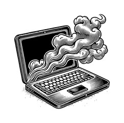 Wall Mural - smoke burning laptop engraving black and white outline