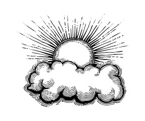 Wall Mural - sun and cloud engraving black and white outline
