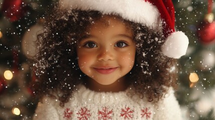 Poster - A young girl with curly dark hair and wearing a white sweater with red snowflakes and a Santa hat smiles while standing near a Christmas tree.