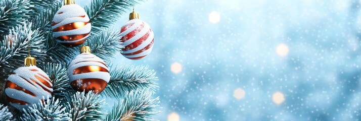 Wall Mural - three festive ornaments dangle from a snow-dusted christmas tree, capturing the holiday spirit in a 