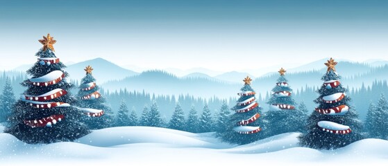 Wall Mural - Snowy Christmas trees with majestic mountains in the background, creating a serene winter wonderland.
