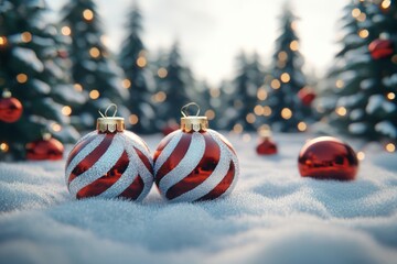 Wall Mural - two red and white ornaments nestled in fresh snow, evoking a festive winter holiday spirit.