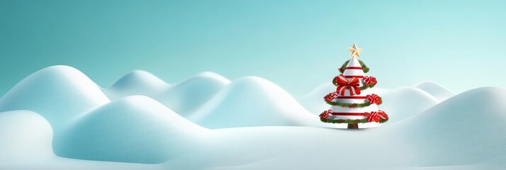 Wall Mural - a festive christmas tree adorned with a red bow stands in the snowy landscape, capturing the holiday