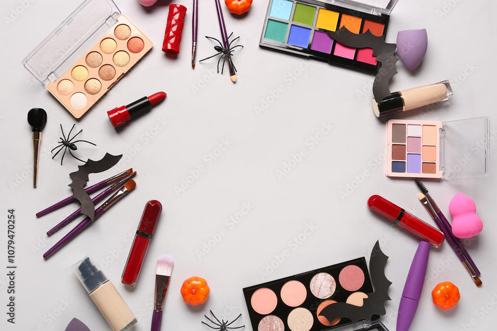 Frame made of different cosmetic products and Halloween decorations on light background