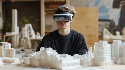 Wall Mural - augmented reality interaction in a modern workspace, individual engaging with three-dimensional mode