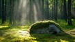 © YauheniB - Sunlight filters through trees illuminating a moss-covered rock