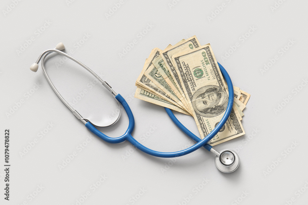 Money and stethoscope on white background. Health insurance concept