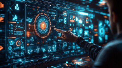A hand interacts with a futuristic, digital interface.