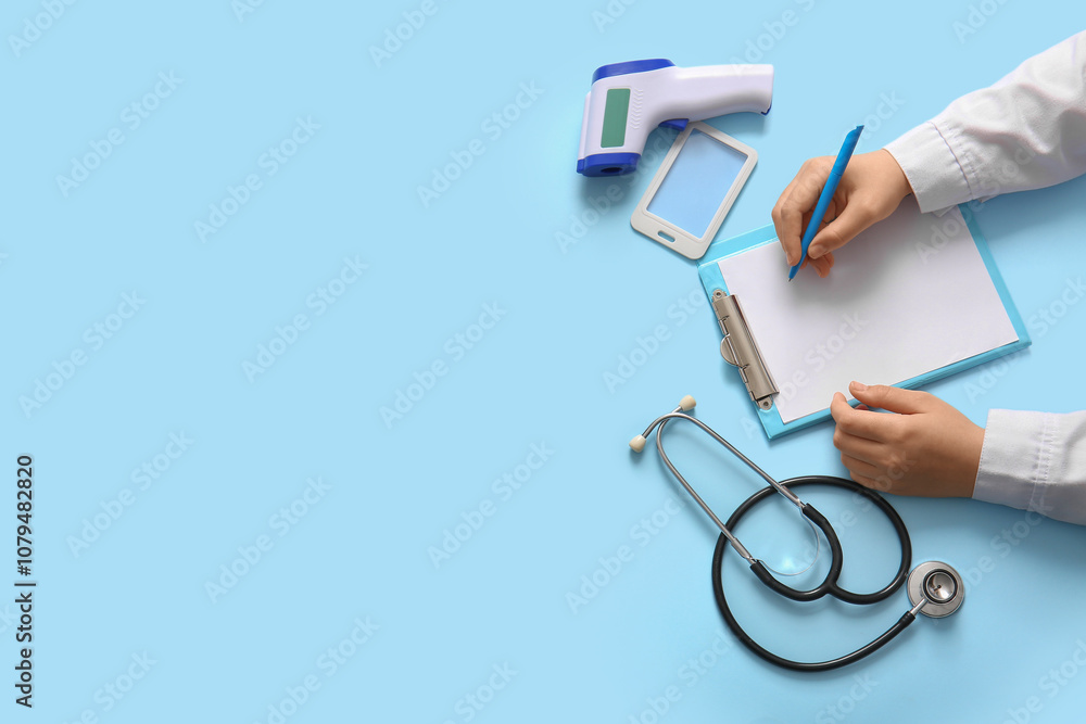 Doctor hands writing in clipboard near stethoscope on blue background