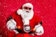 © deagreez - Photo of retired grandpa white beard ride retro moped confident carefree feel wind face driving hurry christmas event wear x-mas costume coat sunglass cap isolated red color background
