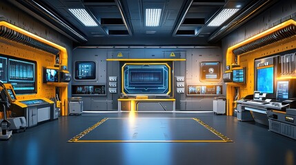 A futuristic control room with advanced technology and screens.