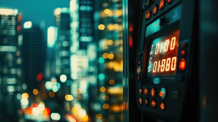 A close-up of a digital display in an urban setting at night, showcasing bright lights.