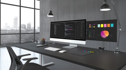 A modern workspace featuring a computer setup with coding and design elements.