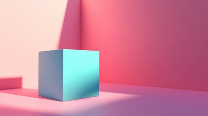 Poster - Minimalist summer concept featuring a blue cube against a pastel background 3D rendering